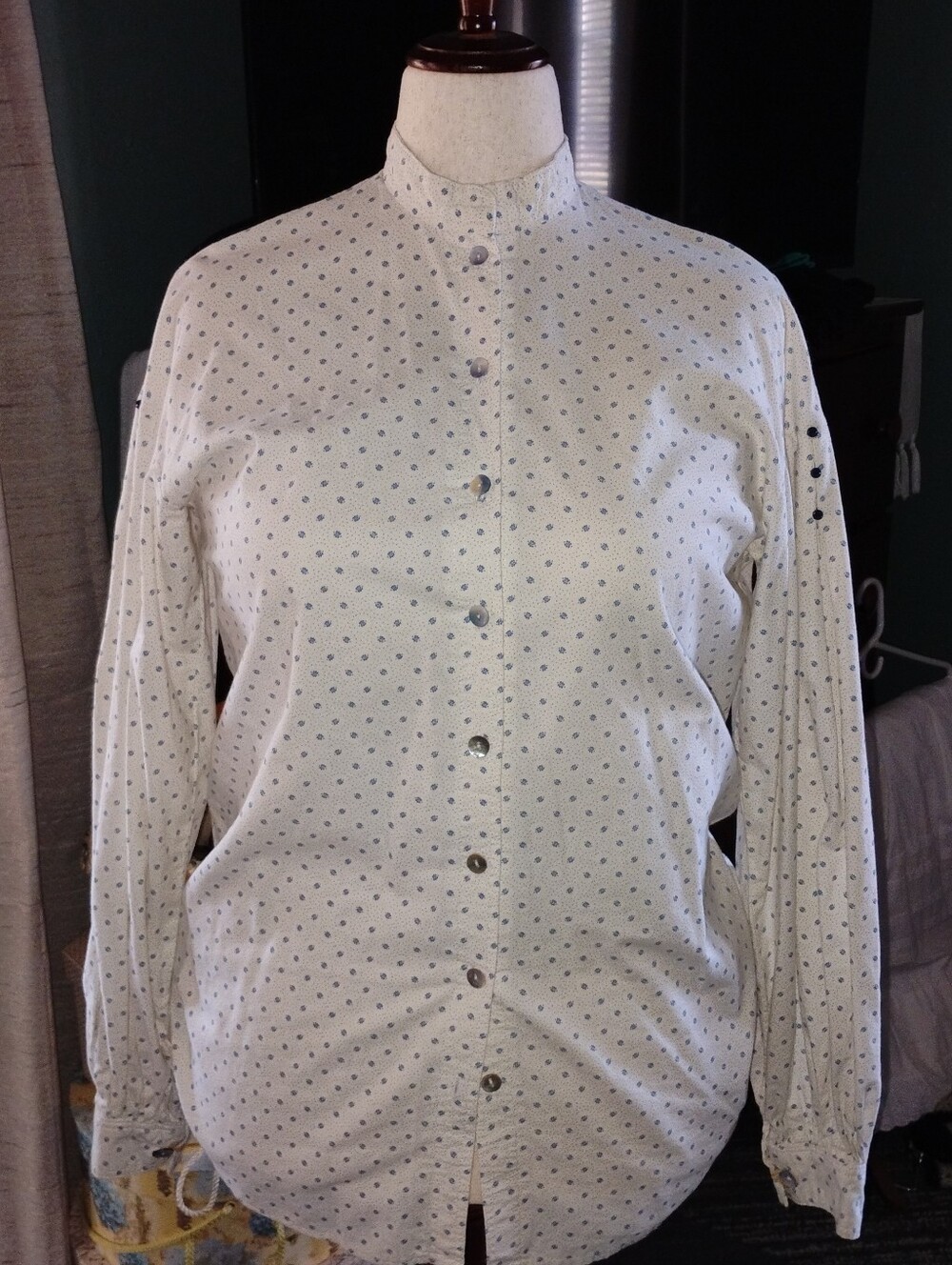 Ladies White Print Button-Up Blouse Victorian Reenacting